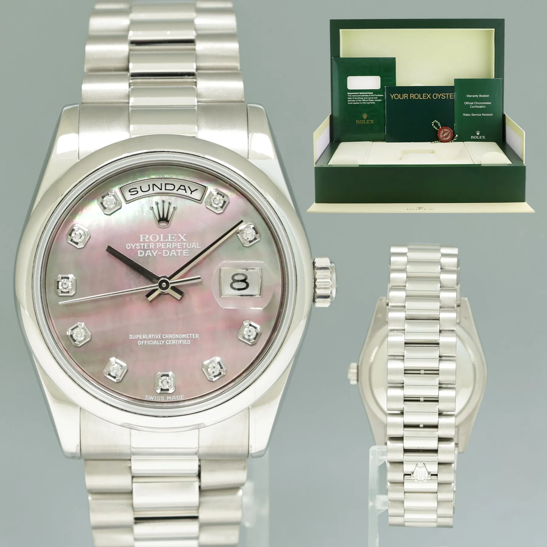 MINT Rolex Platinum 36mm President 118206 Mother of Pearl Diamond Dial Watch Box