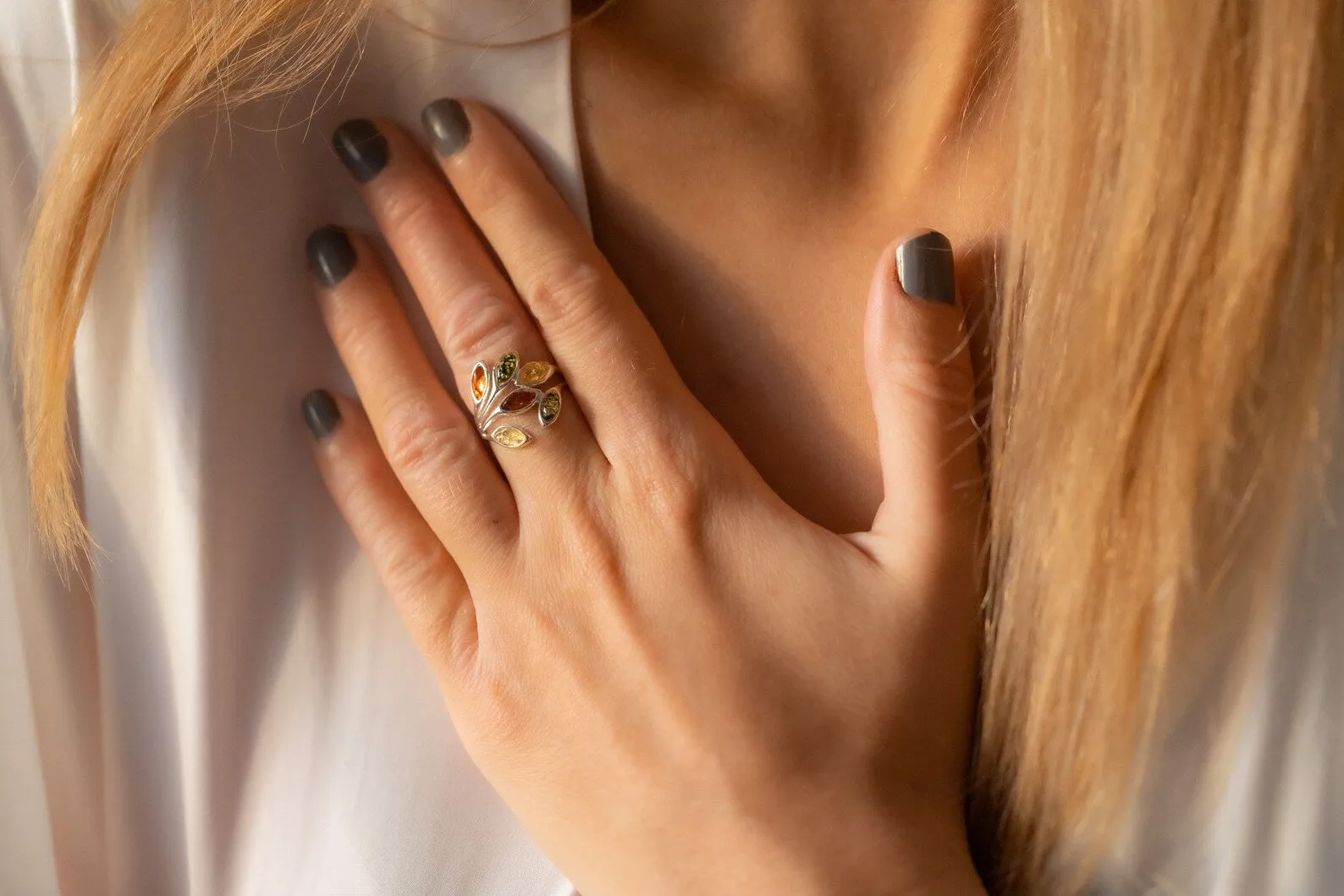 Multicolour Amber Floral Ring - Sterling Silver Cuff Ring with Baltic Amber