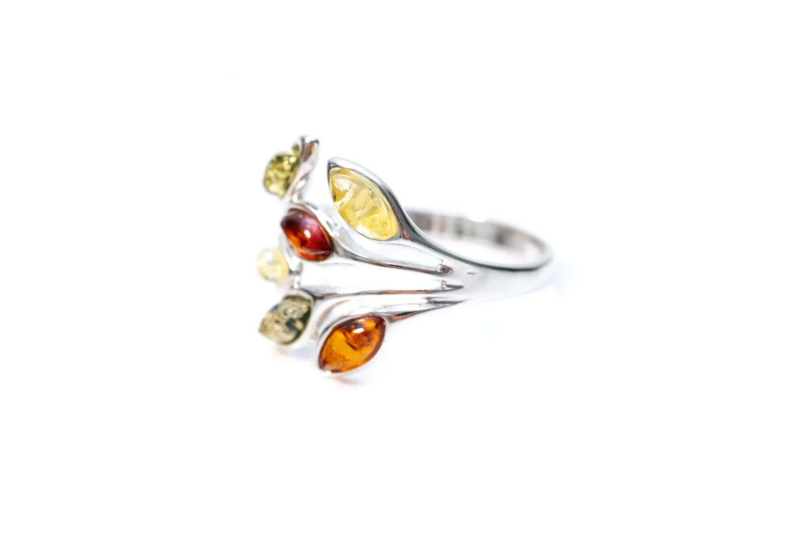 Multicolour Amber Floral Ring - Sterling Silver Cuff Ring with Baltic Amber