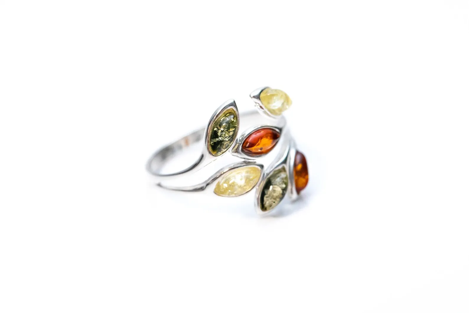 Multicolour Amber Floral Ring - Sterling Silver Cuff Ring with Baltic Amber