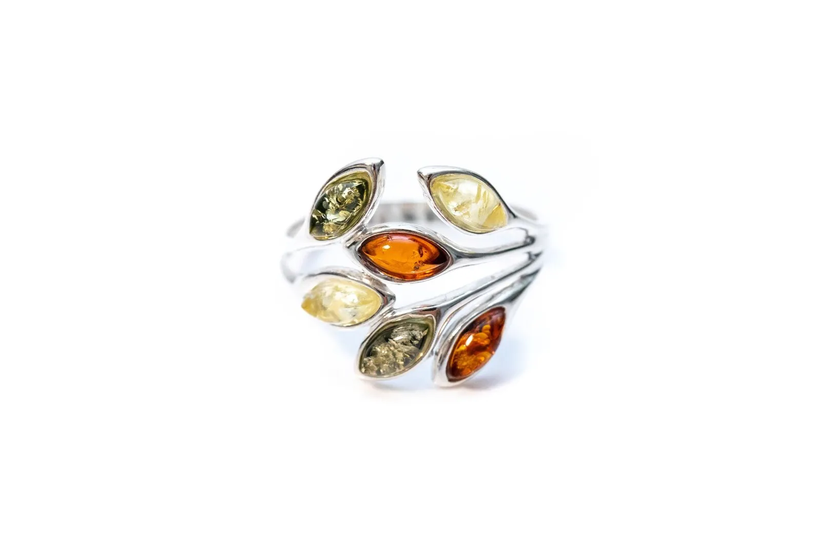 Multicolour Amber Floral Ring - Sterling Silver Cuff Ring with Baltic Amber