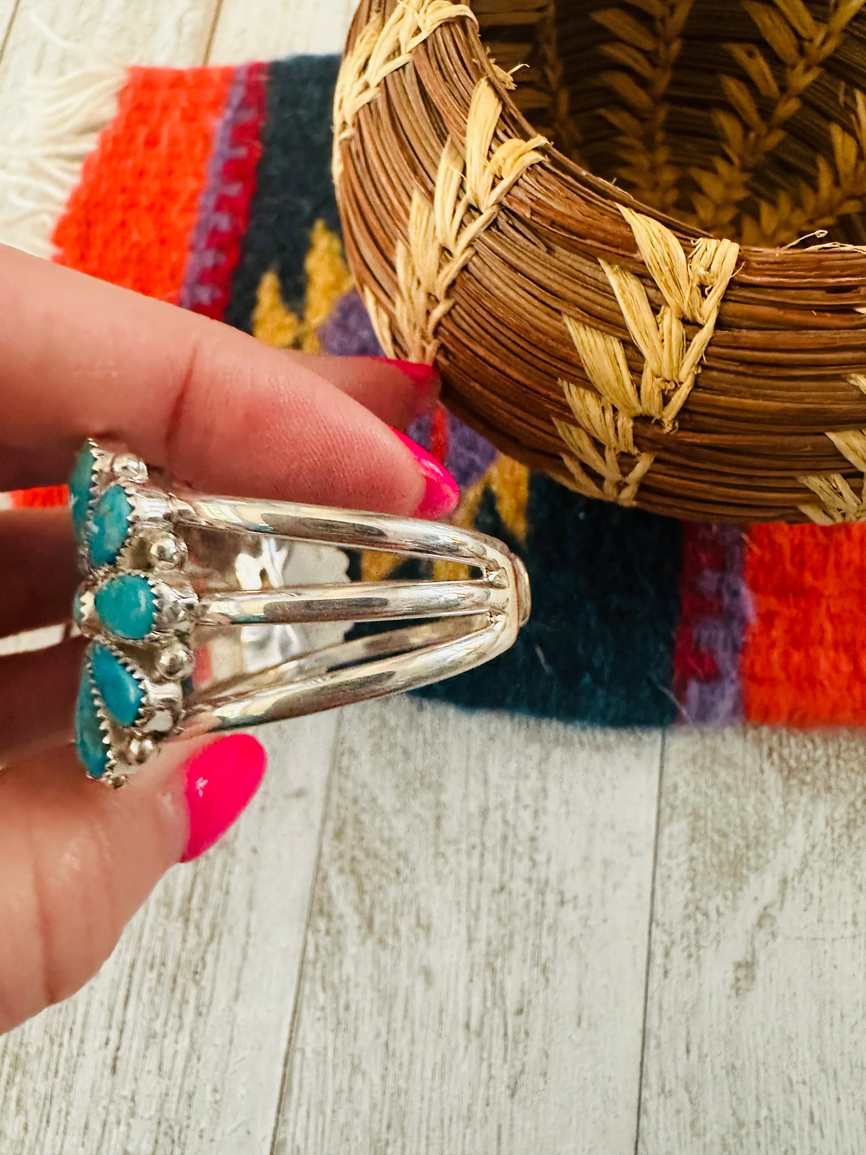 Navajo Kingman Turquoise & Sterling Silver Cluster Cuff Bracelet