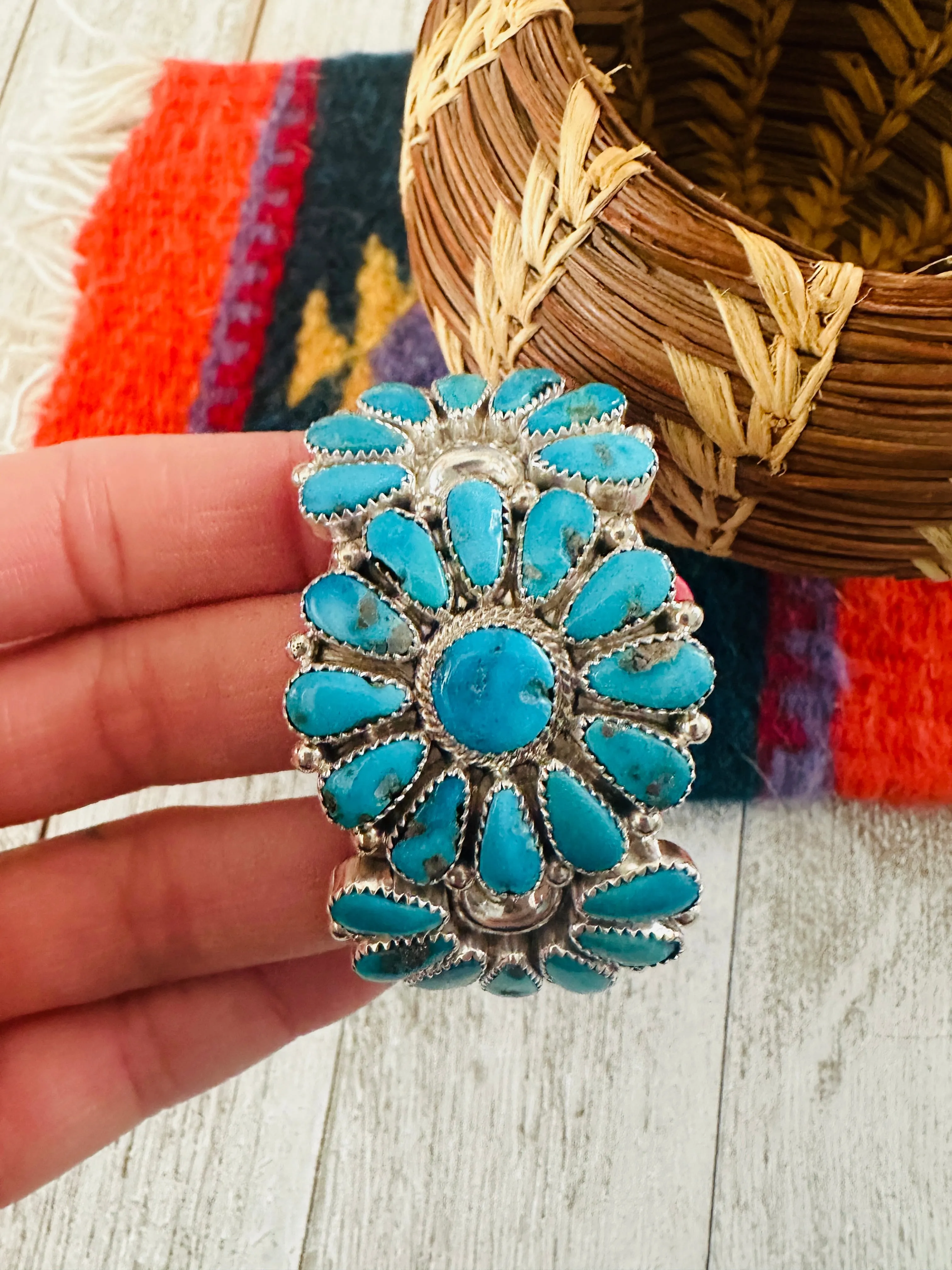 Navajo Kingman Turquoise & Sterling Silver Cluster Cuff Bracelet