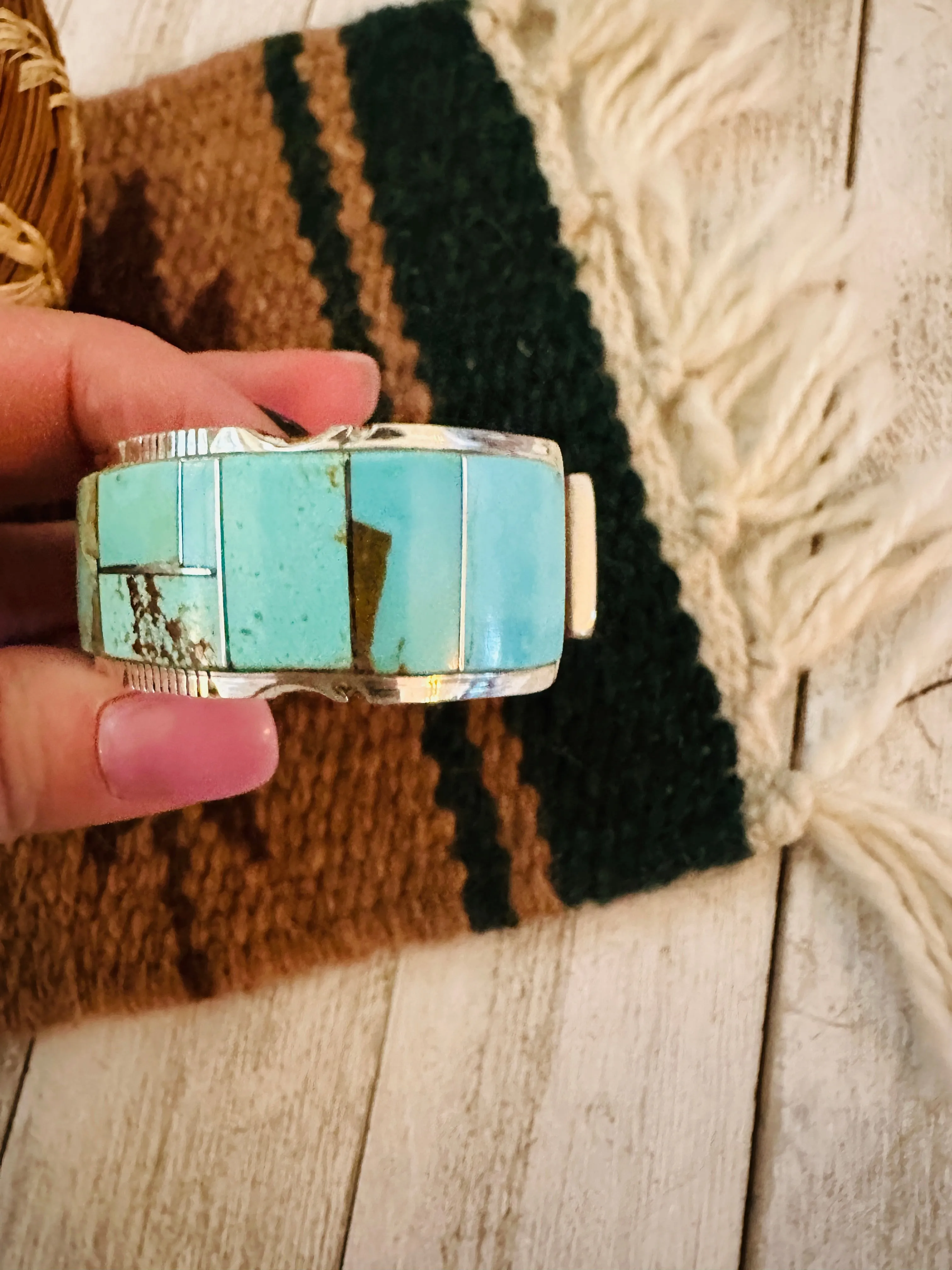 Navajo Number 8 Turquoise & Sterling Silver Inlay Cuff Bracelet