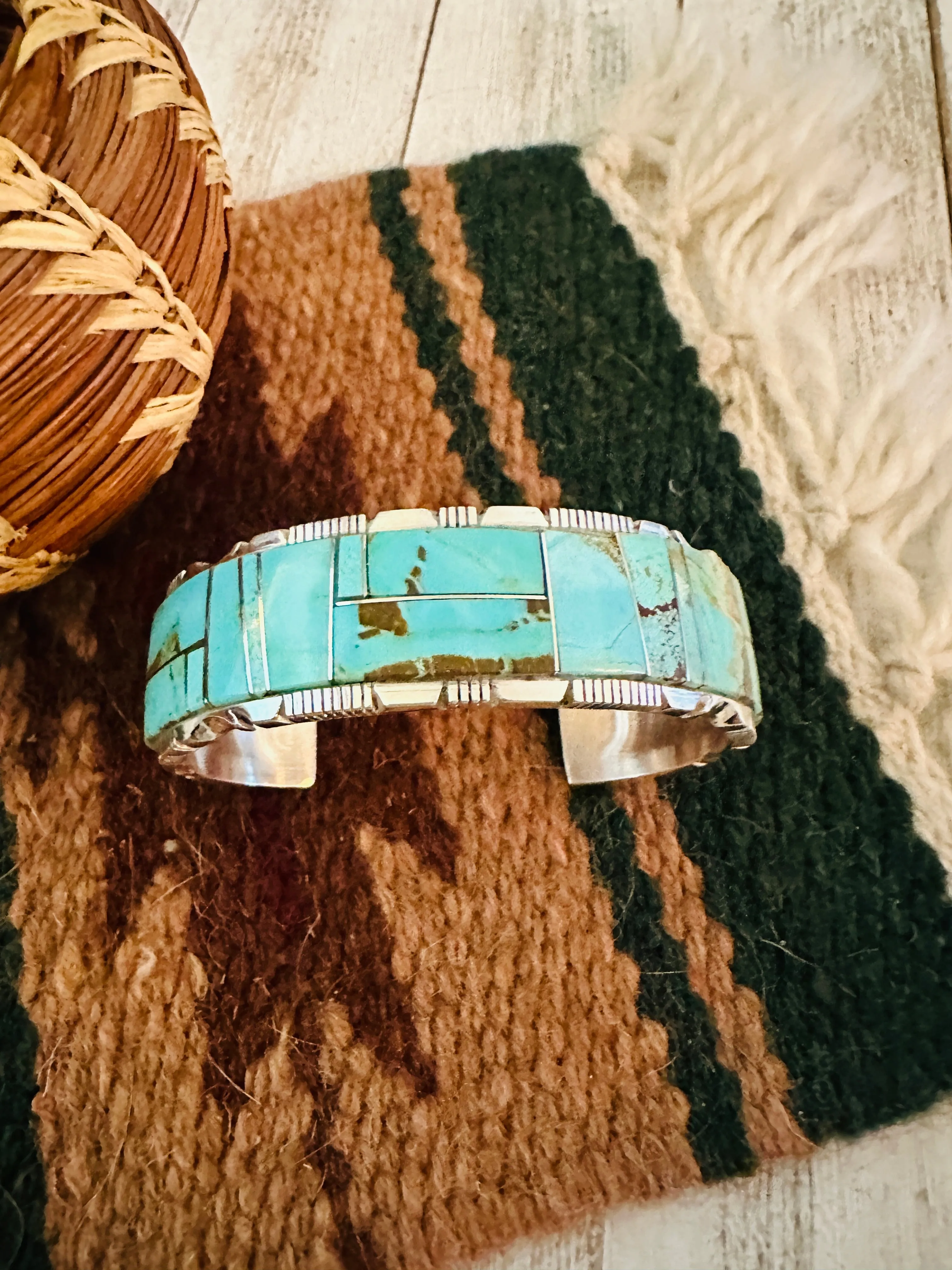 Navajo Number 8 Turquoise & Sterling Silver Inlay Cuff Bracelet