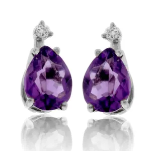 Pear Amethyst Stud Earrings with Single Diamond Accent