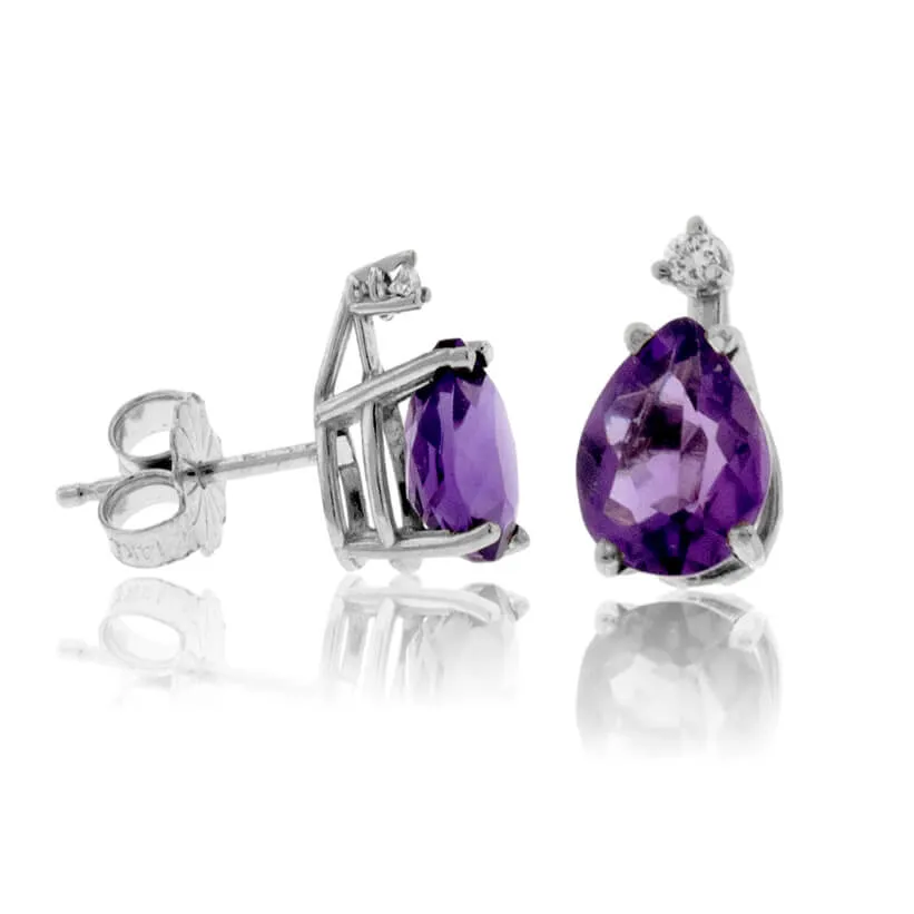 Pear Amethyst Stud Earrings with Single Diamond Accent