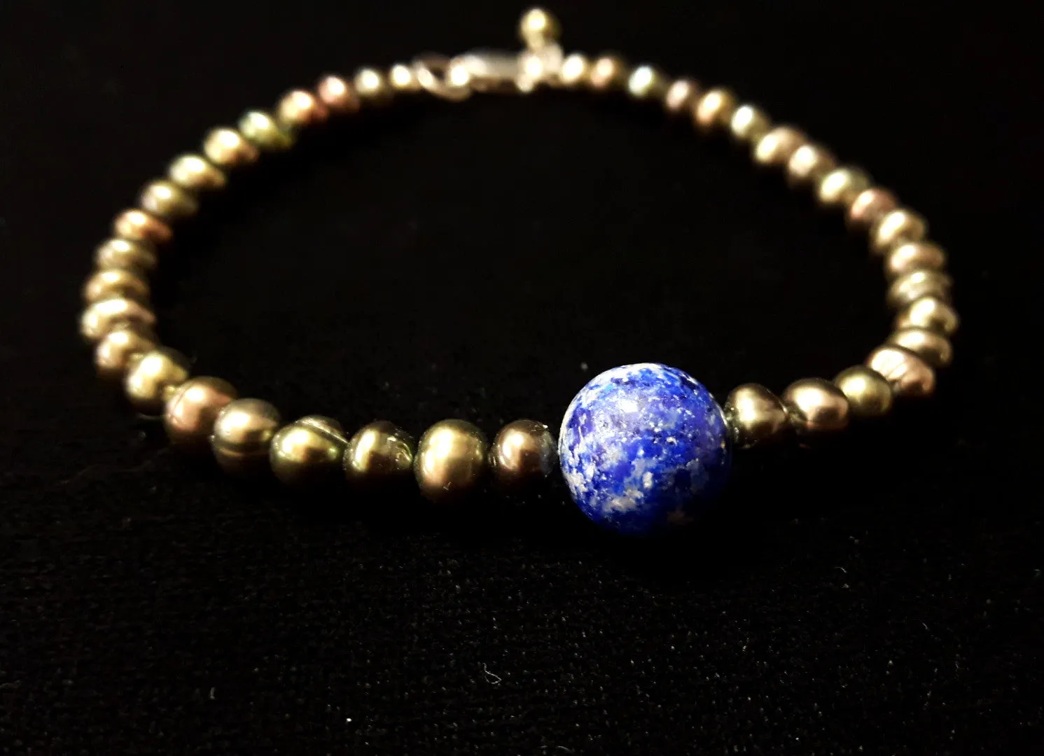 Pearl &, Lapis Lazuli Silver Bracelet