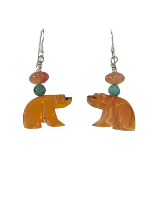 R amber carved bear fetish earrings