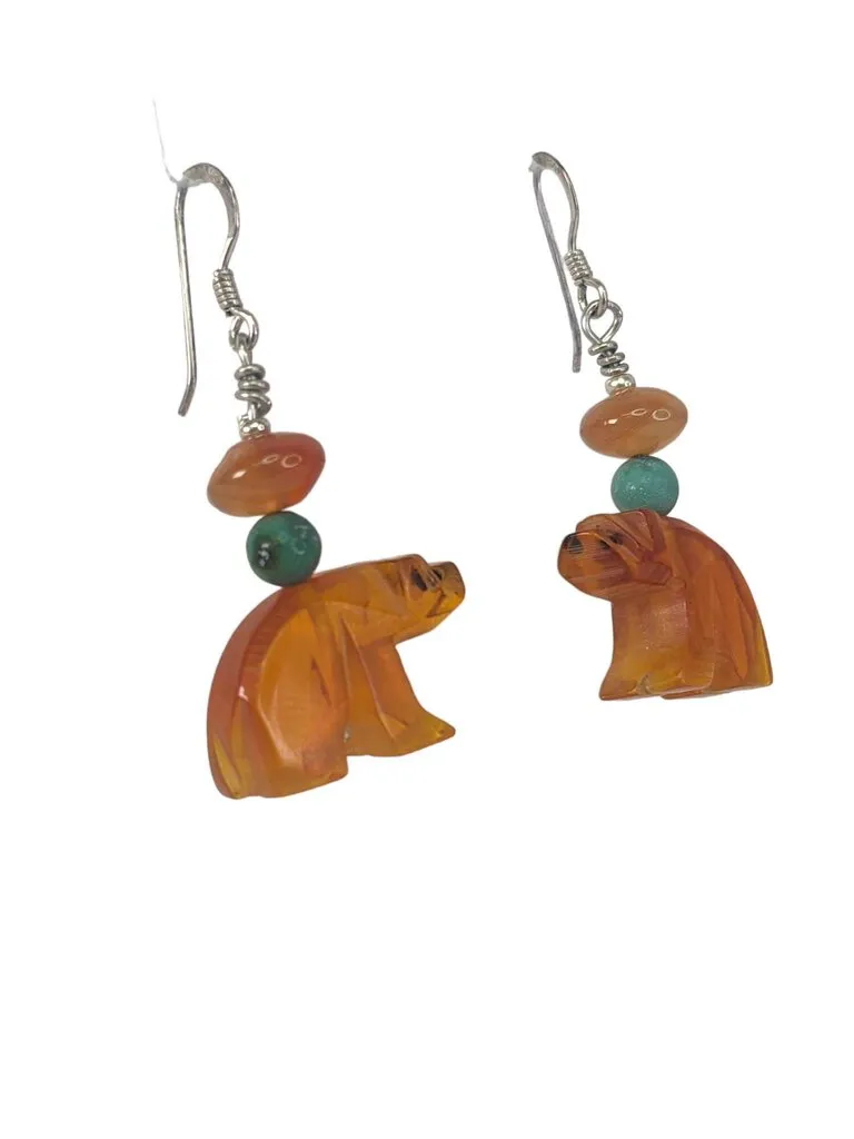 R amber carved bear fetish earrings