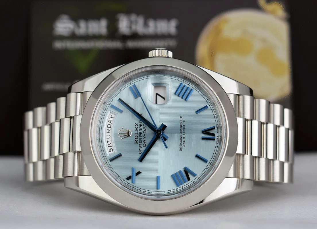 ROLEX 40mm Platinum President Day Date 40 Glacier Roman Dial Model 228206