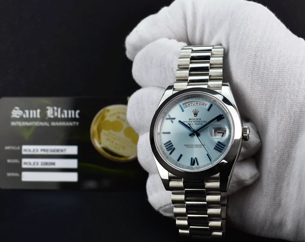 ROLEX 40mm Platinum President Day Date 40 Glacier Roman Dial Model 228206