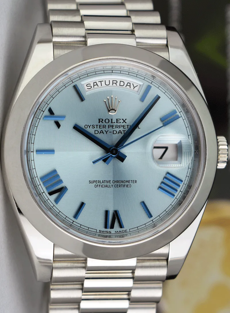 ROLEX 40mm Platinum President Day Date 40 Glacier Roman Dial Model 228206