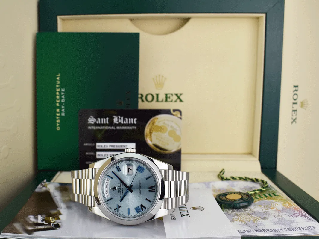 ROLEX 40mm Platinum President Day Date 40 Glacier Roman Dial Model 228206