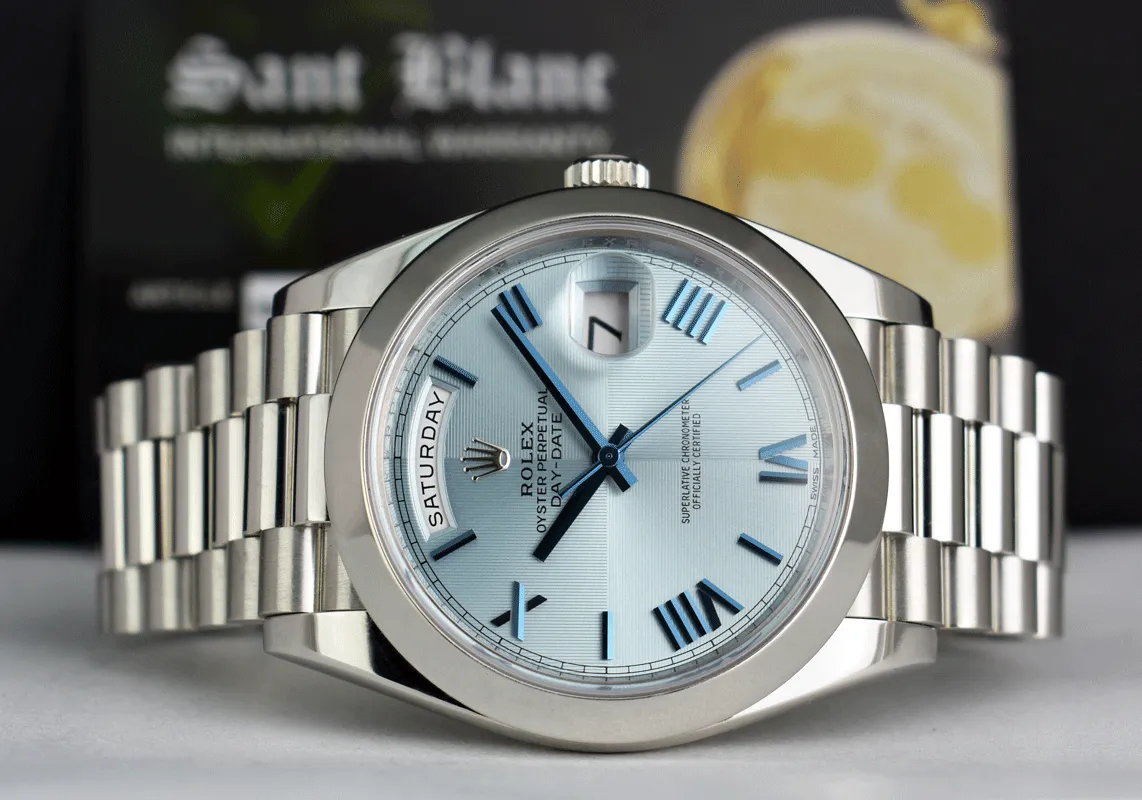 ROLEX 40mm Platinum President Day Date 40 Glacier Roman Dial Model 228206