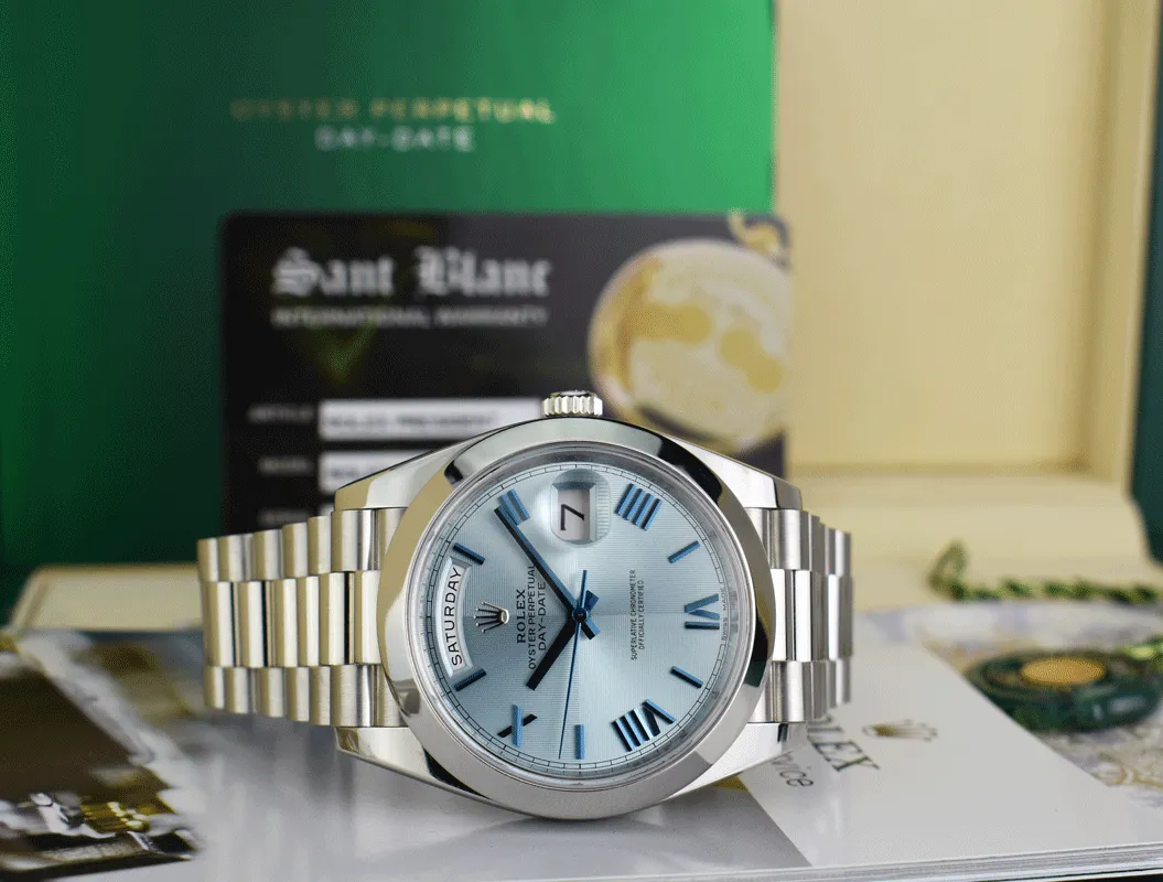 ROLEX 40mm Platinum President Day Date 40 Glacier Roman Dial Model 228206