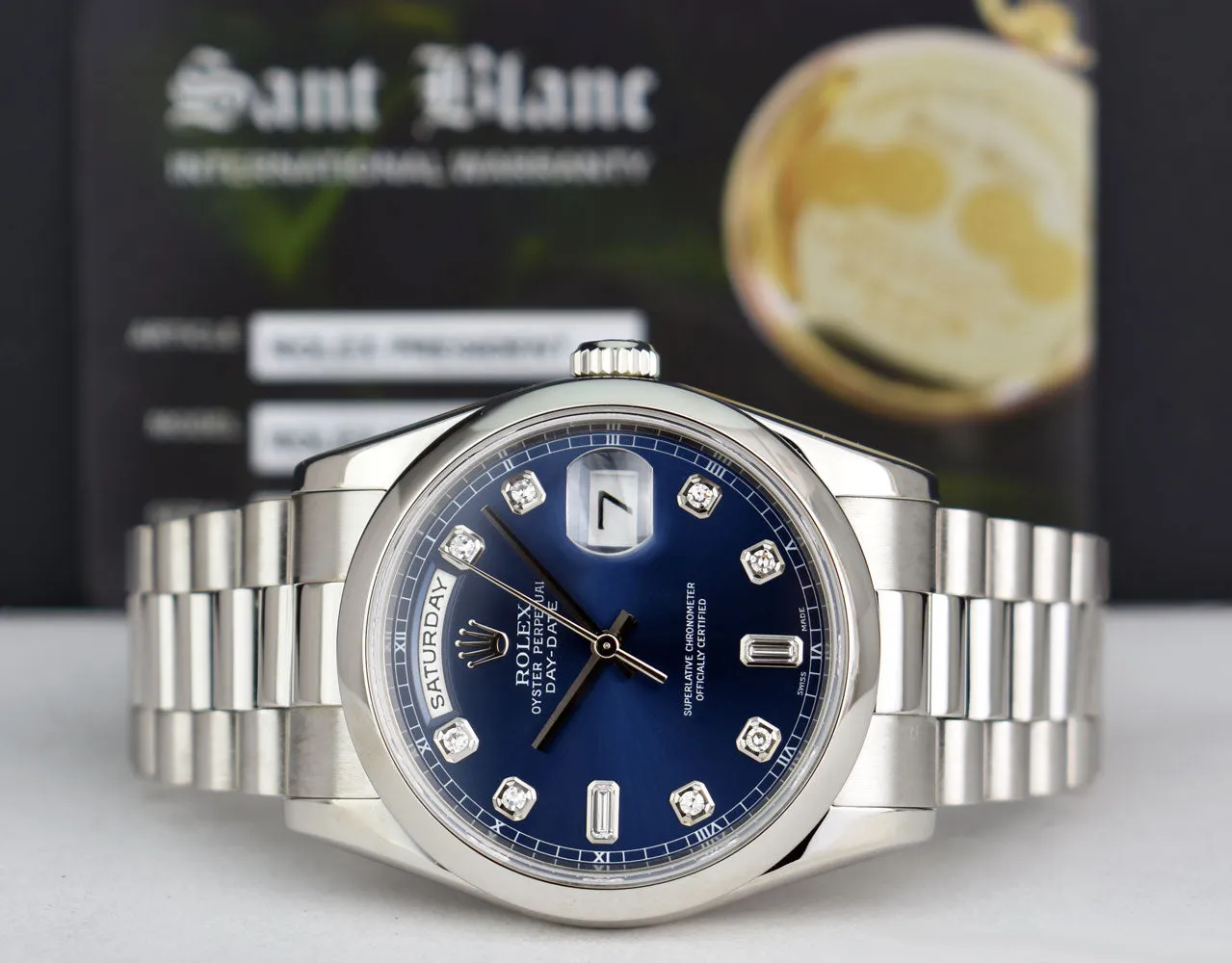 ROLEX Mens Platinum Day Date President Blue Diamond Dial Model 118206