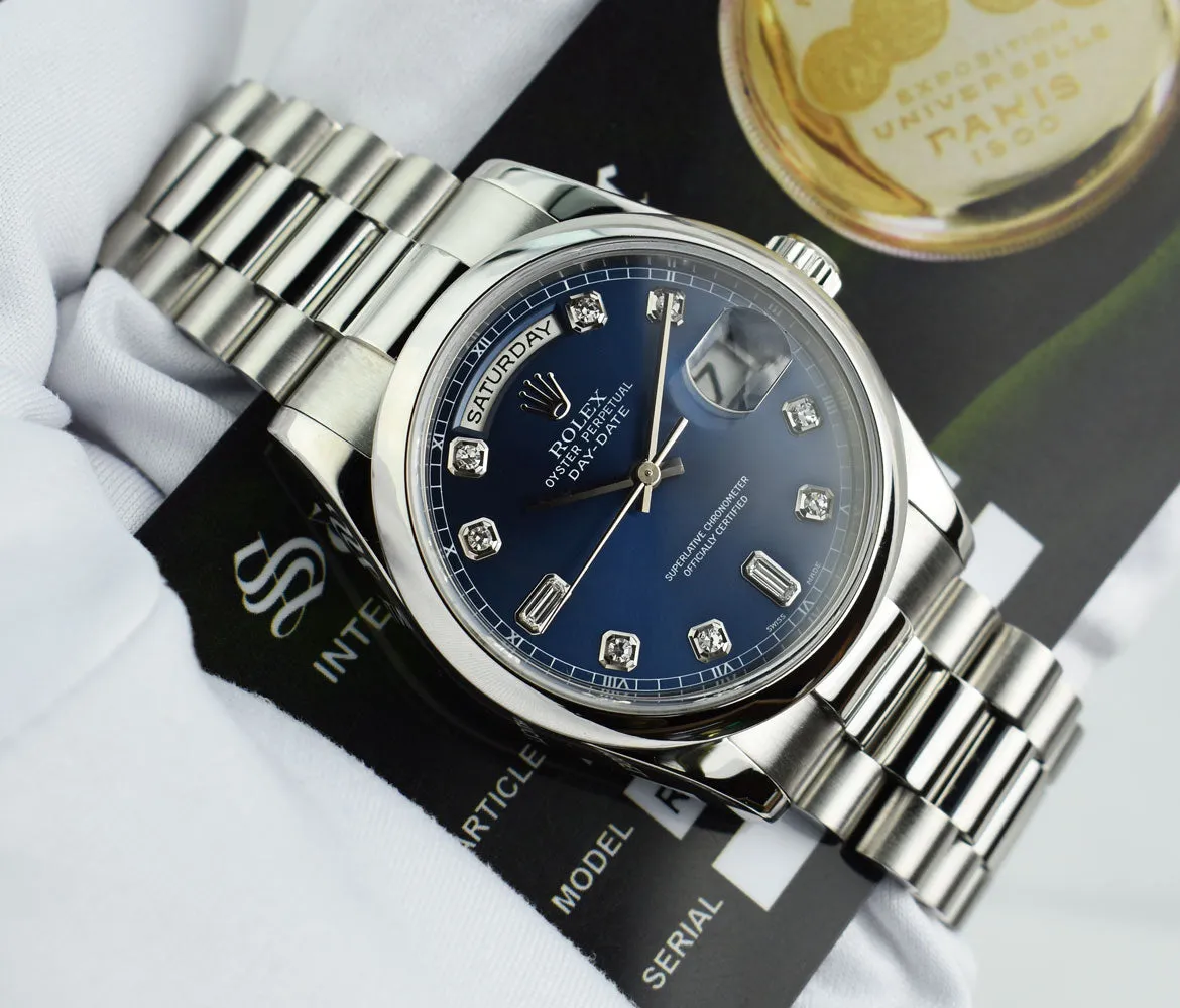 ROLEX Mens Platinum Day Date President Blue Diamond Dial Model 118206