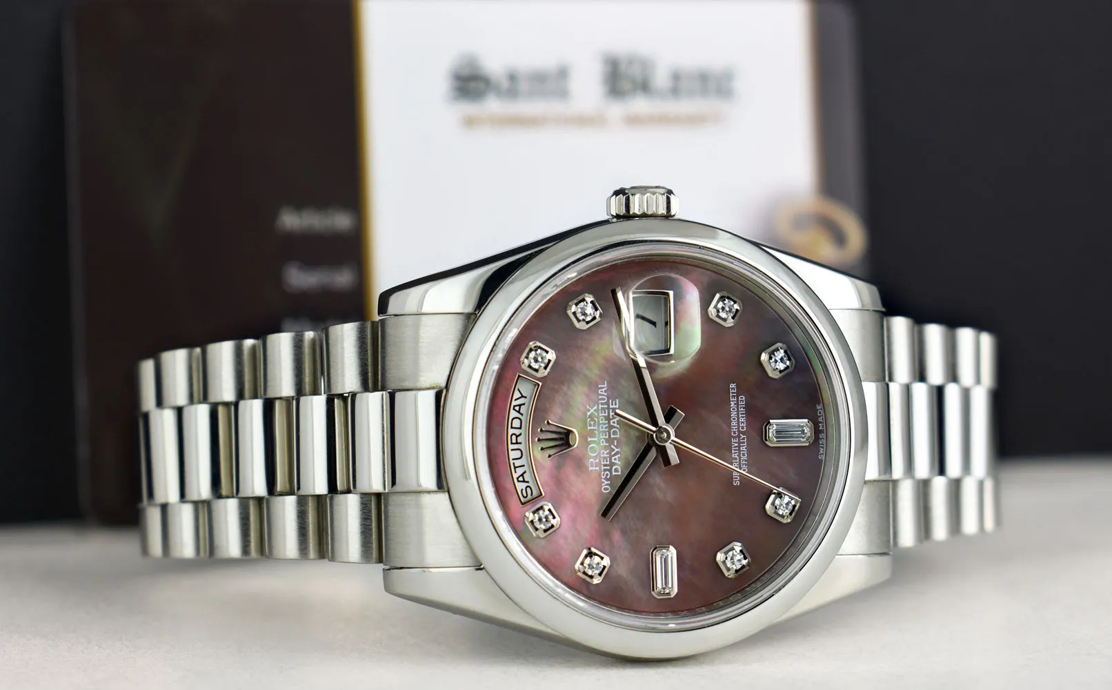 ROLEX REHAUT Mens Day Date 36 Platinum President MOP Diamond Model 118206