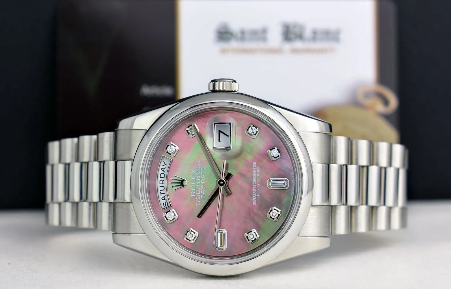 ROLEX REHAUT Mens Day Date 36 Platinum President MOP Diamond Model 118206