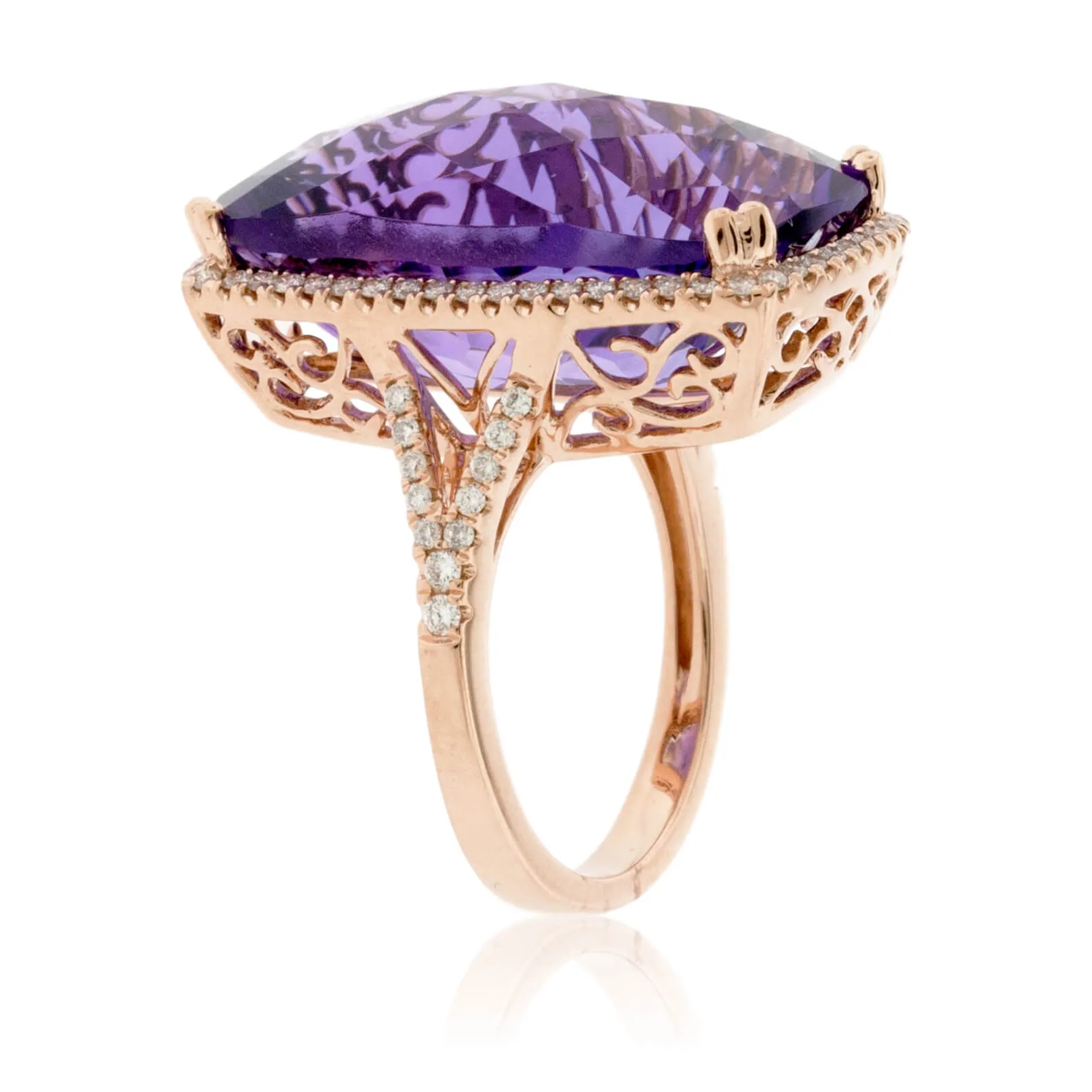 Rose Gold Fancy Shaped Amethyst with Diamond Halo Ring