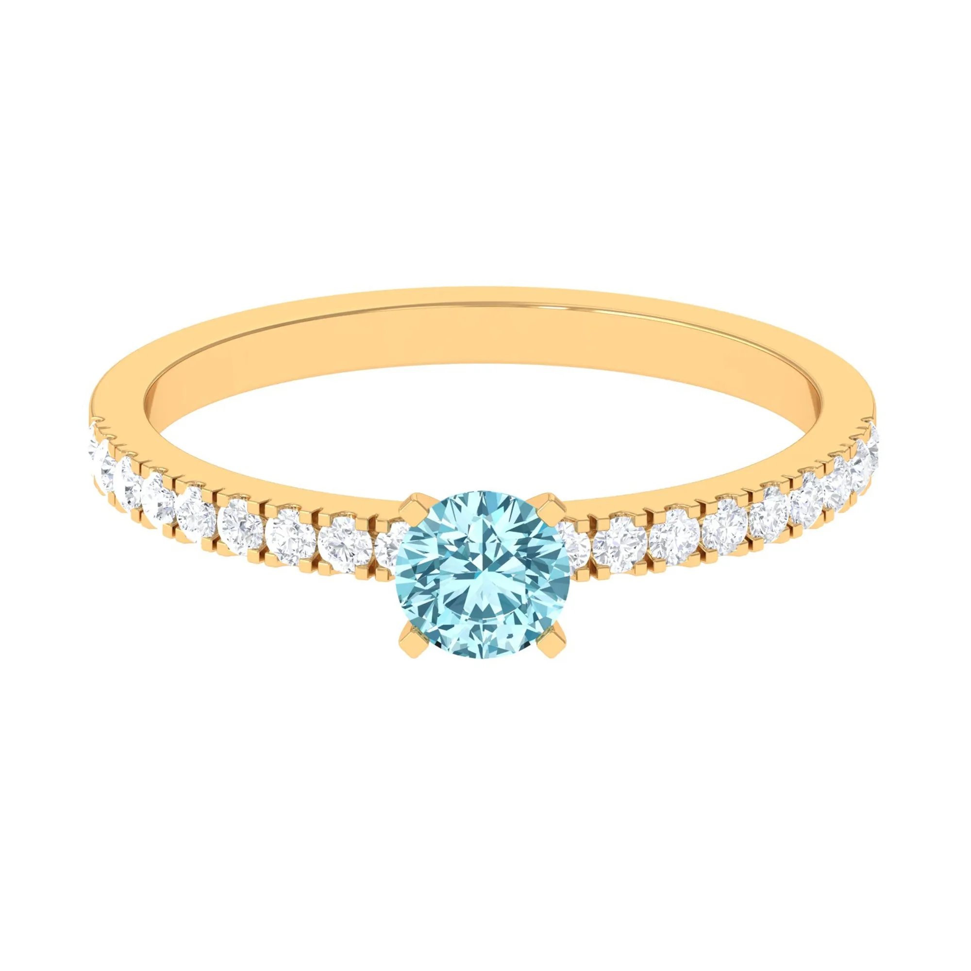 Simple Round Aquamarine Solitaire Ring with Diamond Side Stones