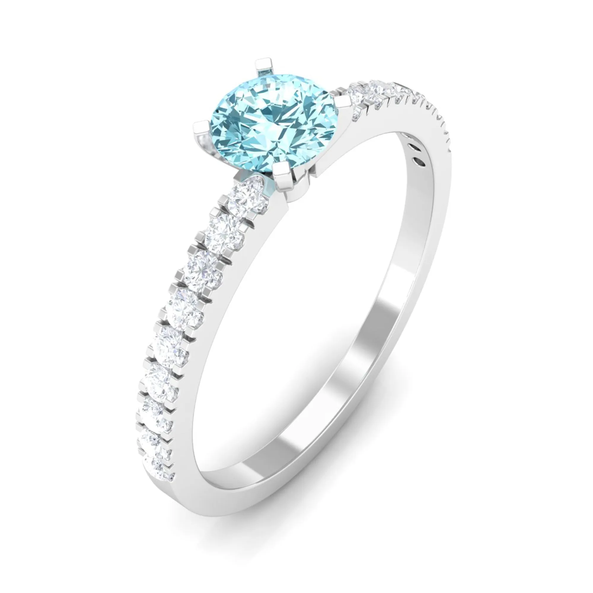 Simple Round Aquamarine Solitaire Ring with Diamond Side Stones