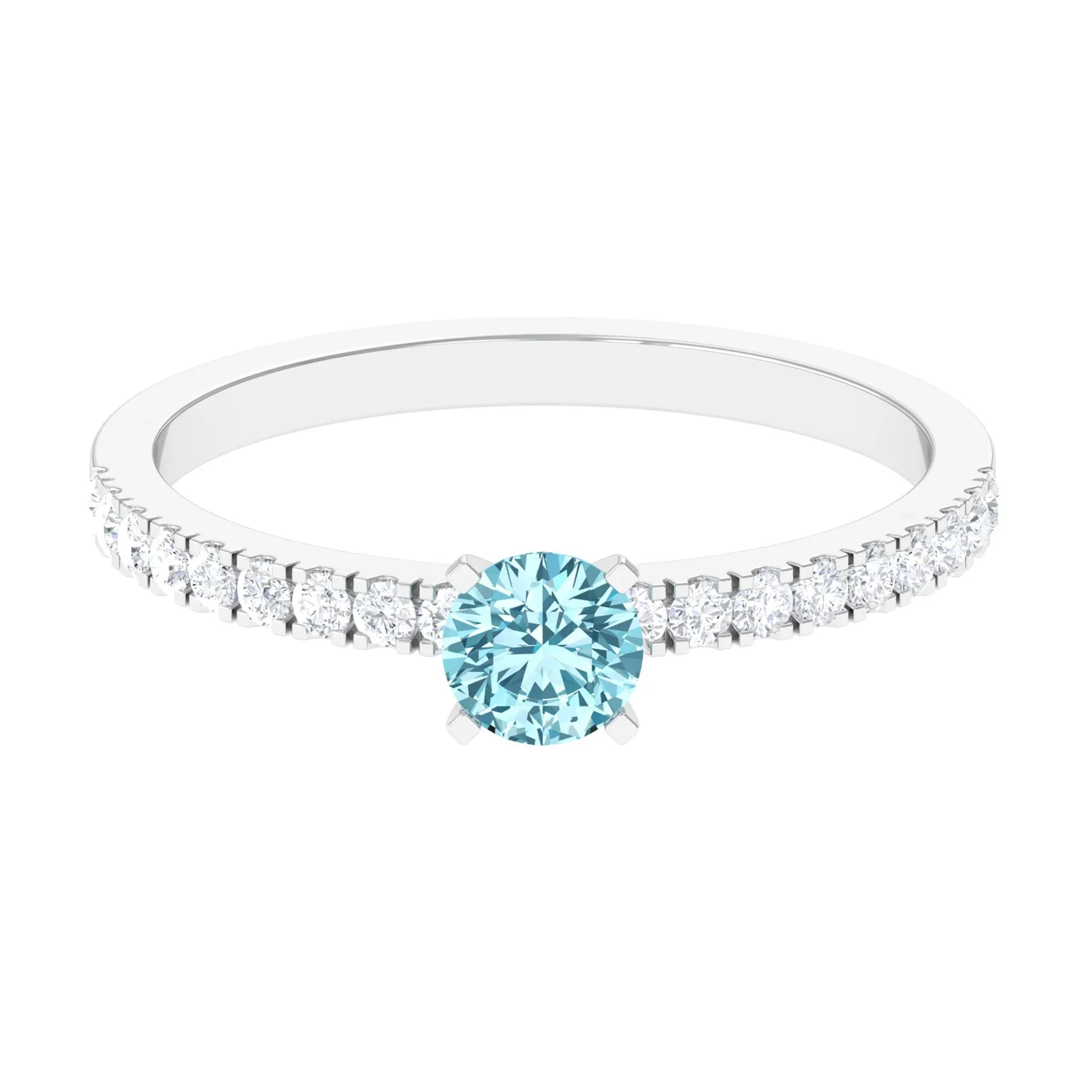 Simple Round Aquamarine Solitaire Ring with Diamond Side Stones