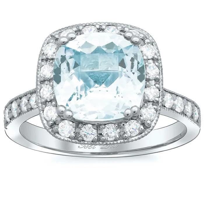 Square Pave Diamond Halo Engagement Ring for Aquamarine