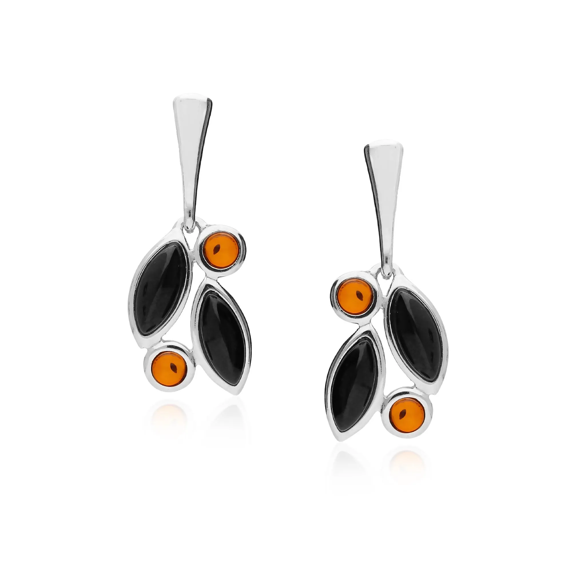 Sterling Silver Amber & Whitby Jet Leaf Earrings