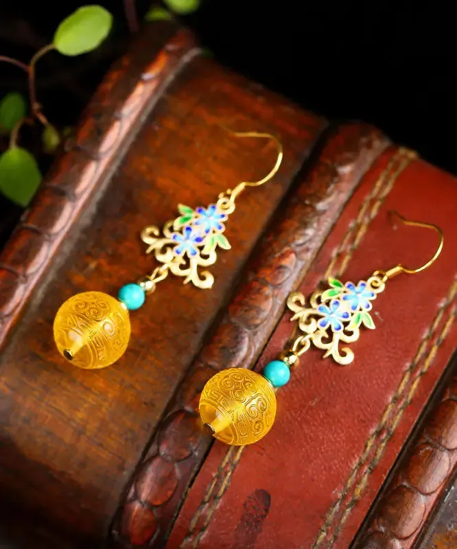 Sterling Silver Inlaid Amber Turquoise Floral Drop Earrings