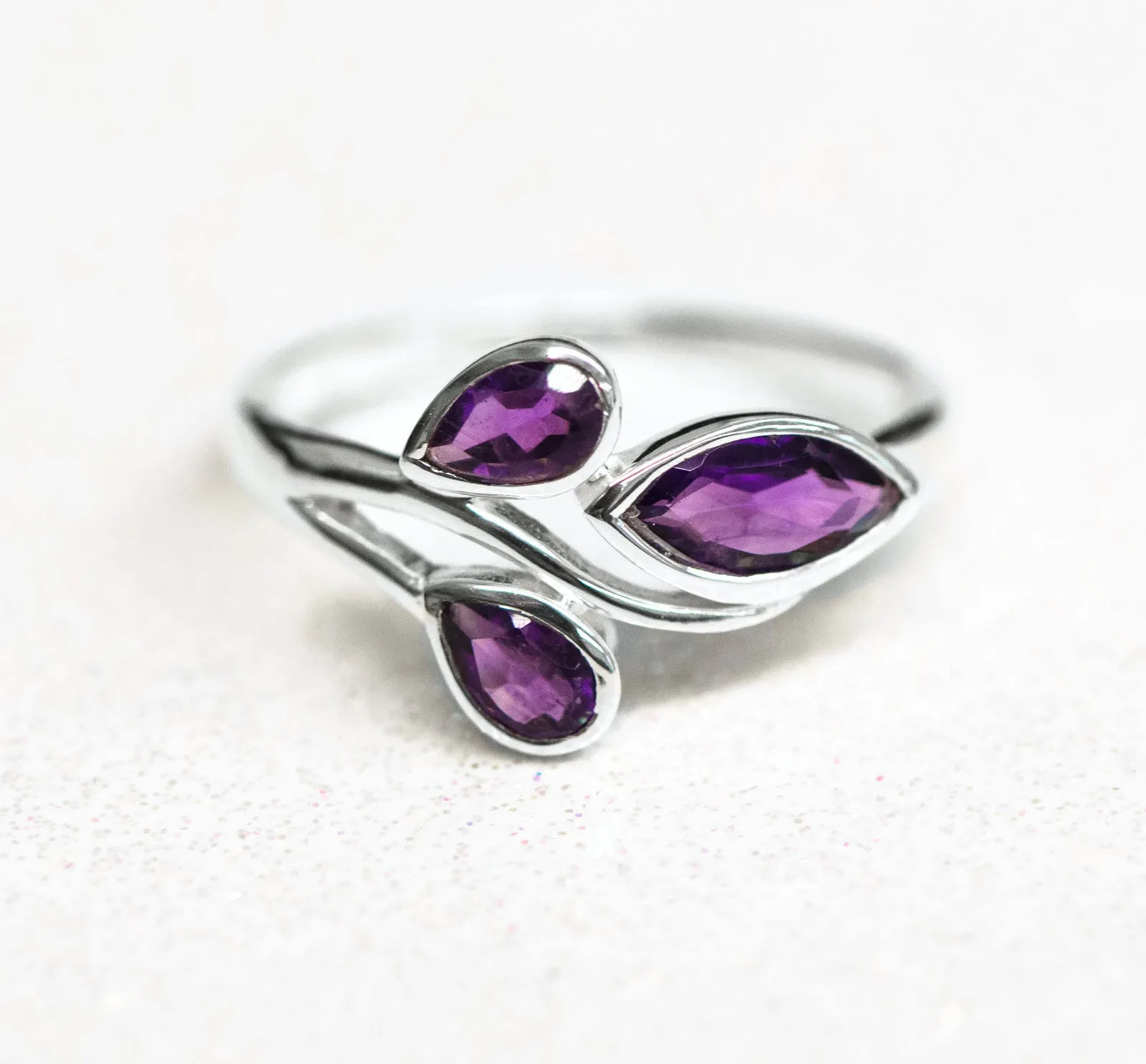 Sterling Silver Pear and Marquise Amethyst Ring