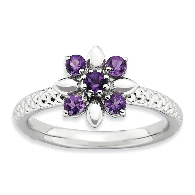 Sterling Silver Stackable Expressions Amethyst Flower Ring