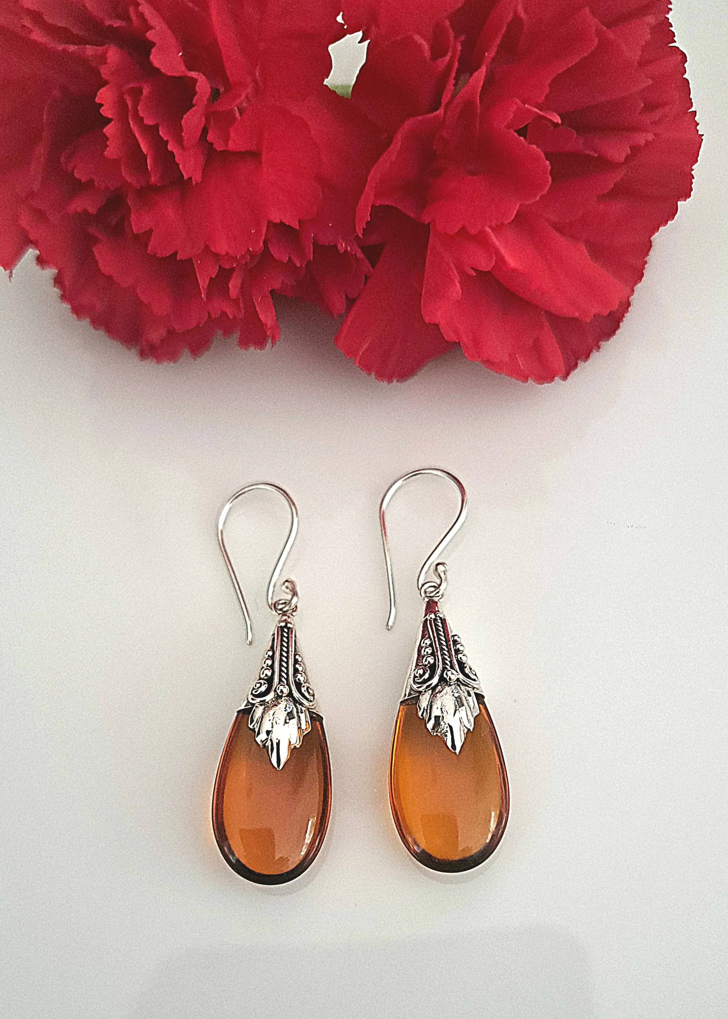 Sterling Silver Tear Drop Earrings with Amber