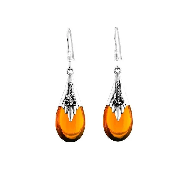 Sterling Silver Tear Drop Earrings with Amber