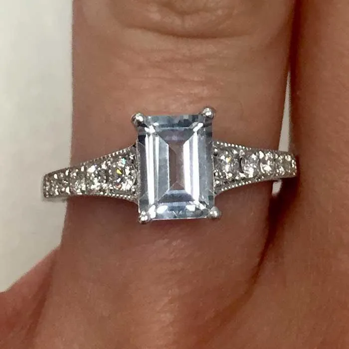 Tapered Diamond Engagement Ring with Emerald Cut Aquamarine