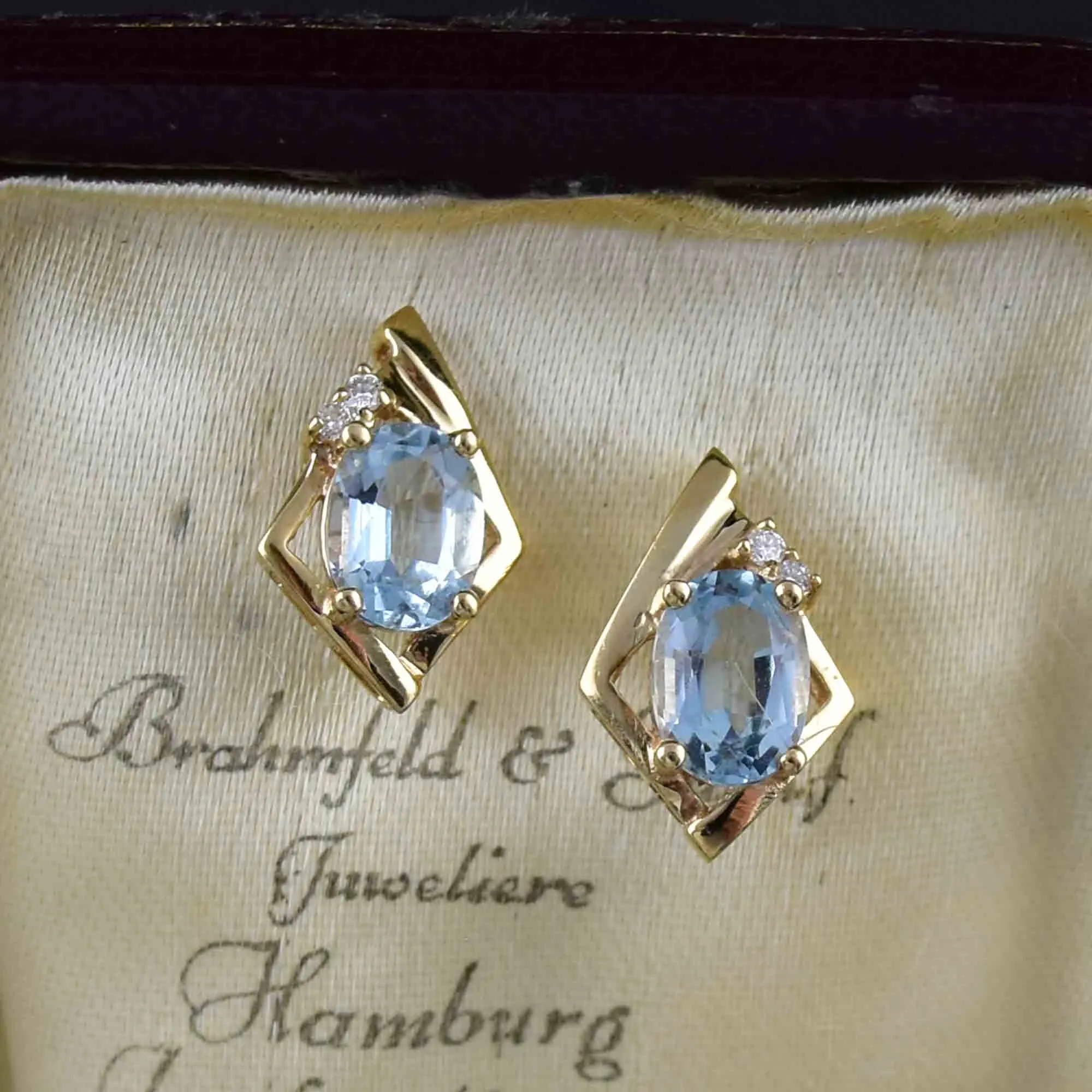 Vintage 14K Gold Aquamarine Diamond Stud Earrings