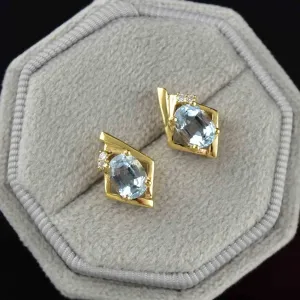 Vintage 14K Gold Aquamarine Diamond Stud Earrings