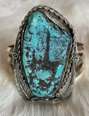 Vintage 70's Turquoise Cuff Bracelet Carico Lake Sterling Silver Stamped J&B Engraved Feather