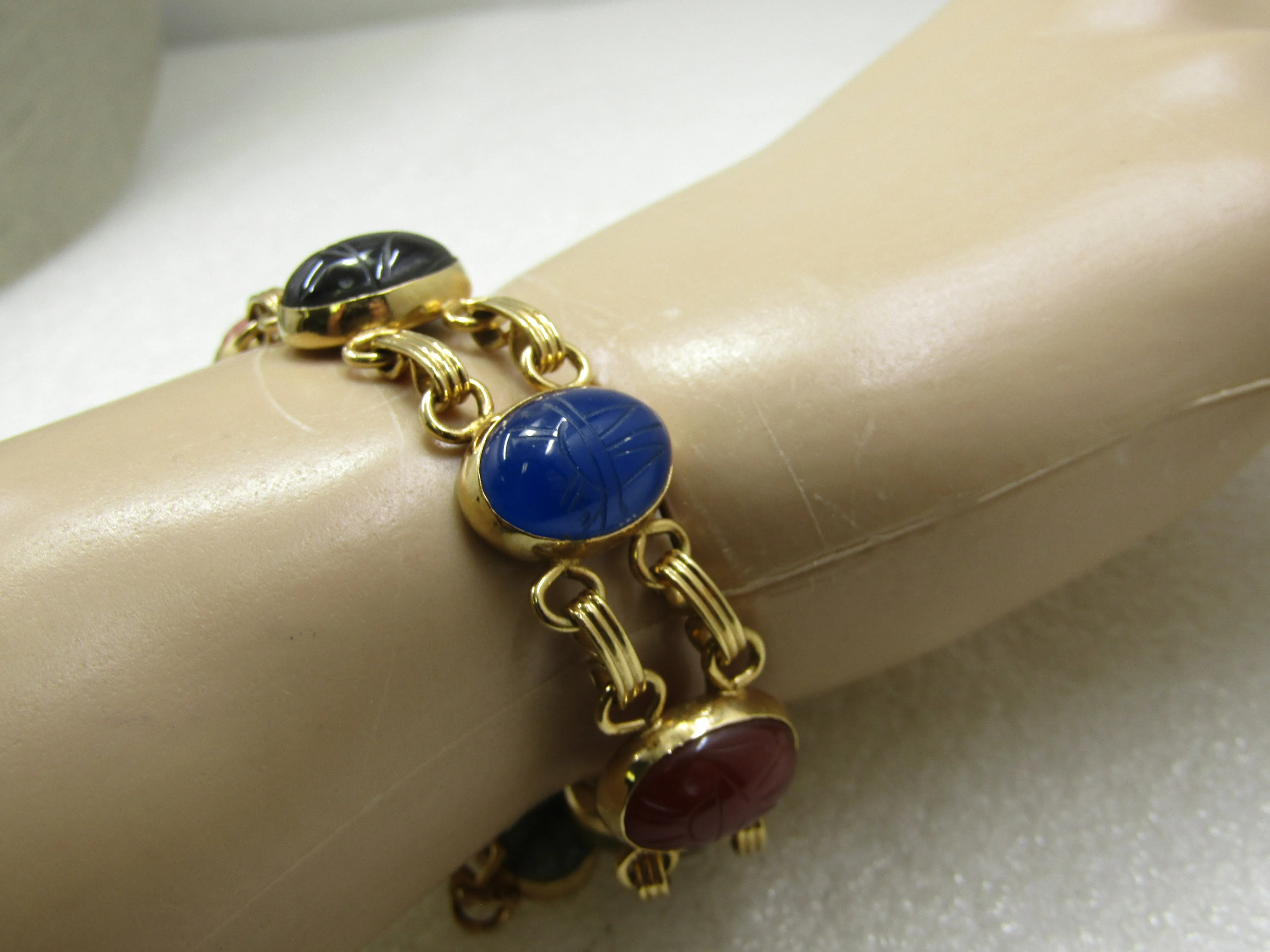 Vintage Egyptian Scarab Double Row Bracelet, 7", 10kt G.F.