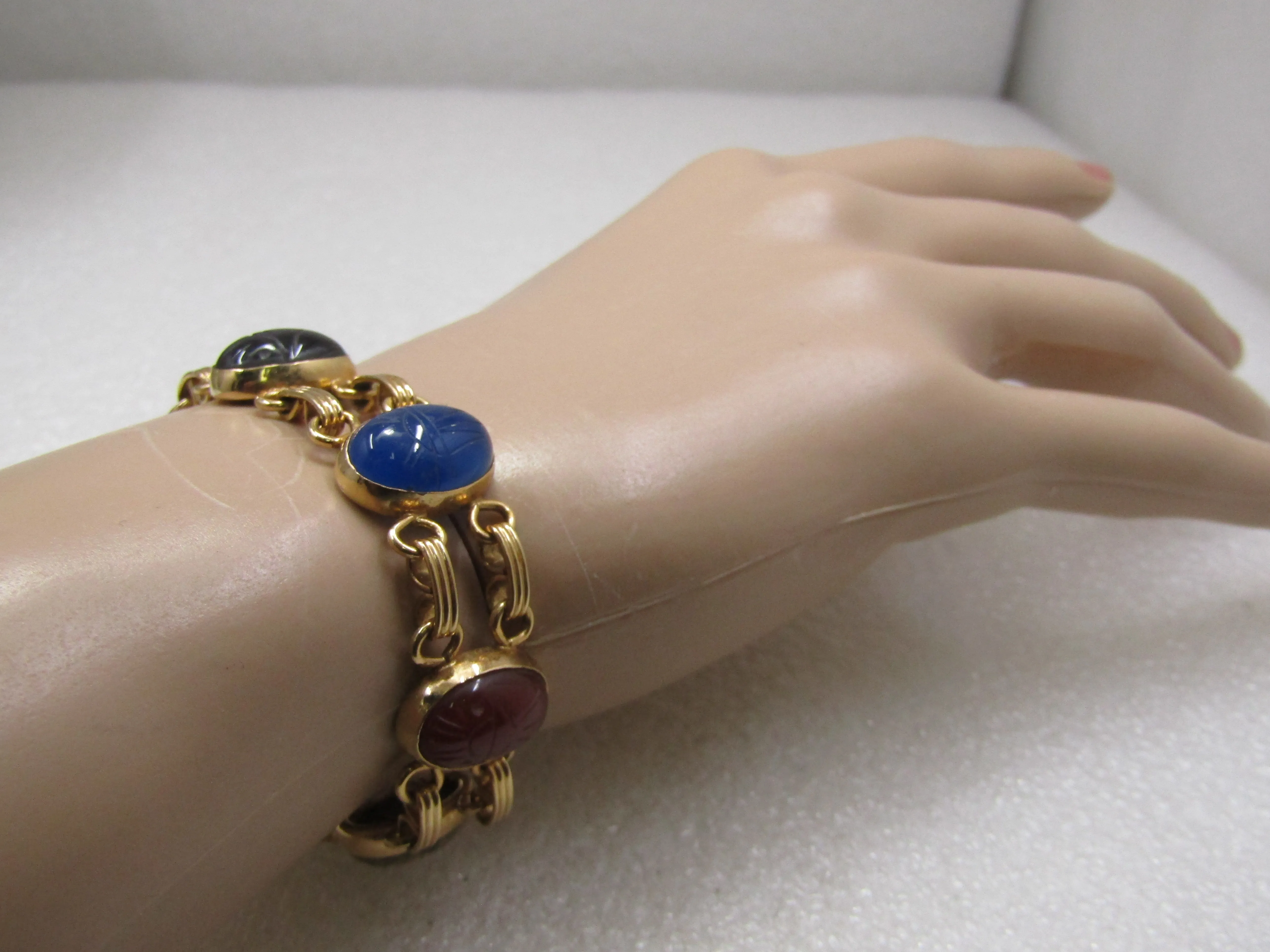 Vintage Egyptian Scarab Double Row Bracelet, 7", 10kt G.F.