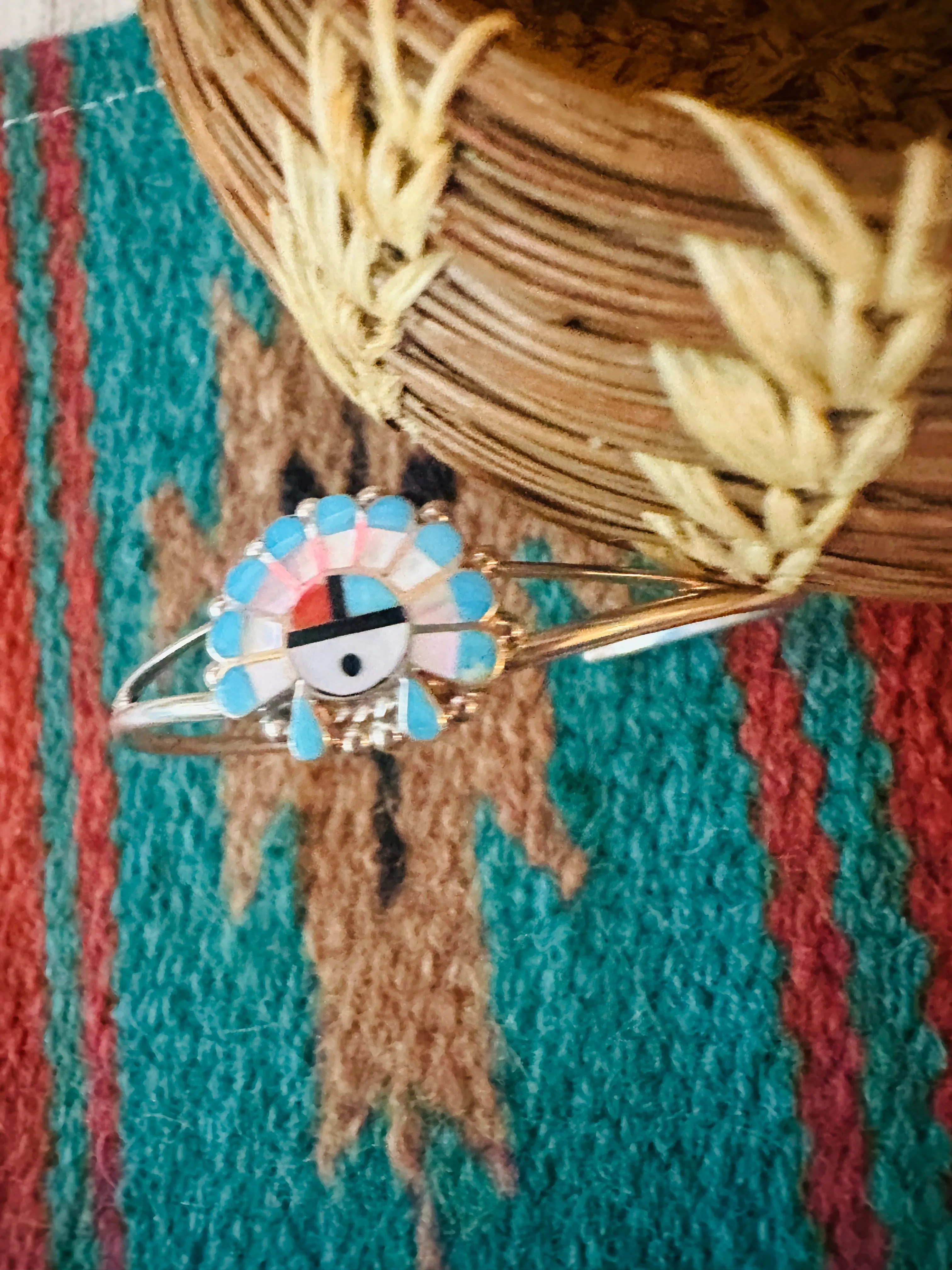 Zuni Sterling Silver & Multi Stone Inlay Sun Face Cuff Bracelet